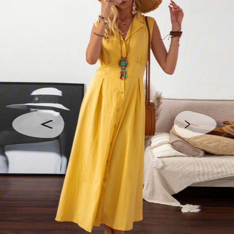 Linen Dress Cotton Lapel Womens Vintage Long A-line Skirt