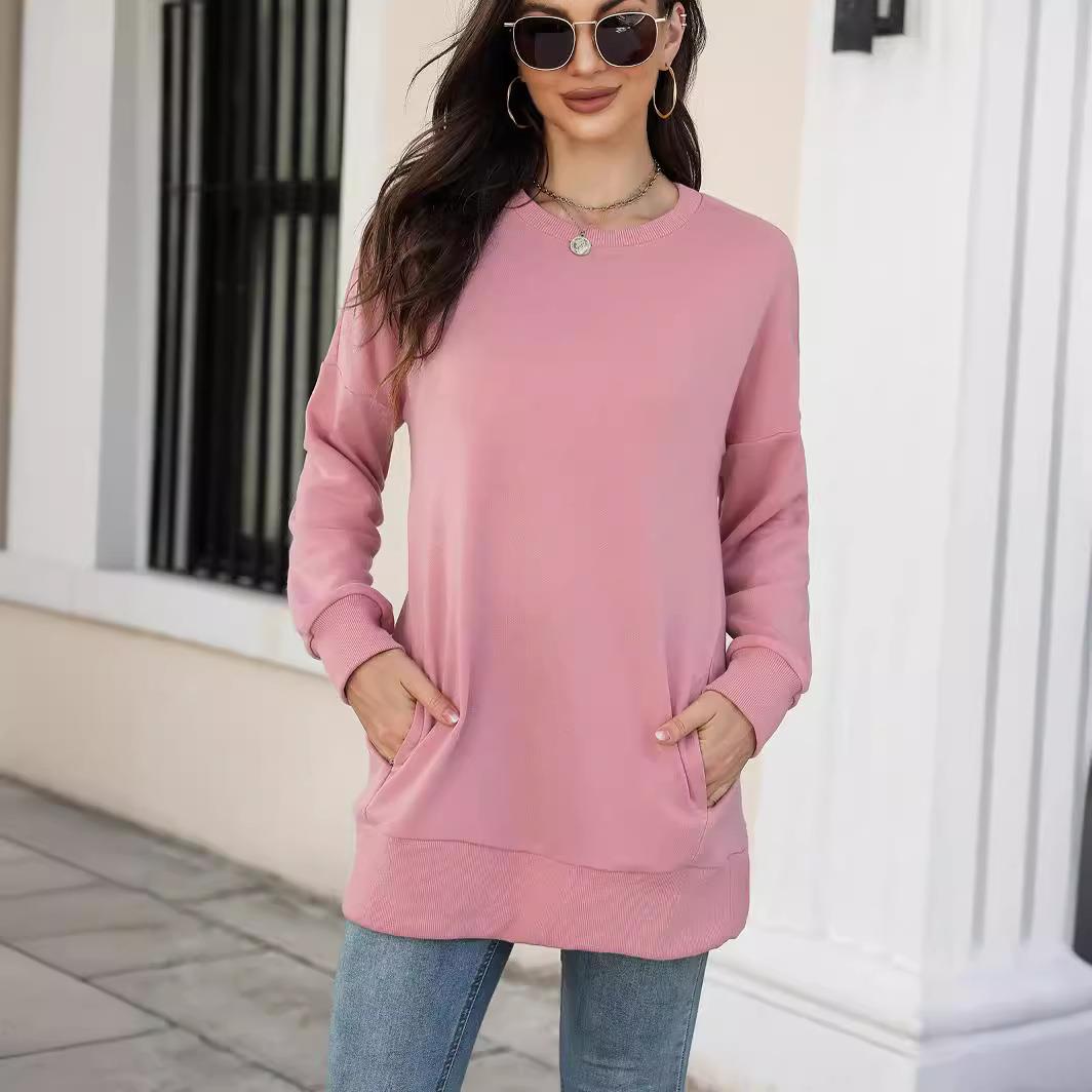 Womens Sweatshirt Pocket Round Pants Long Sleeve Mid-Length