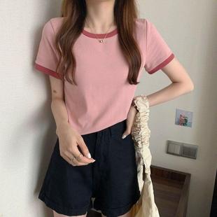 neck womens color shirt Contrast short round sleeve