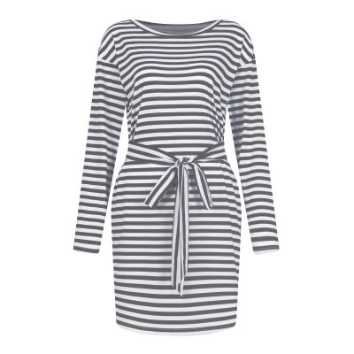 Round neck long sleeve belted striped dress for