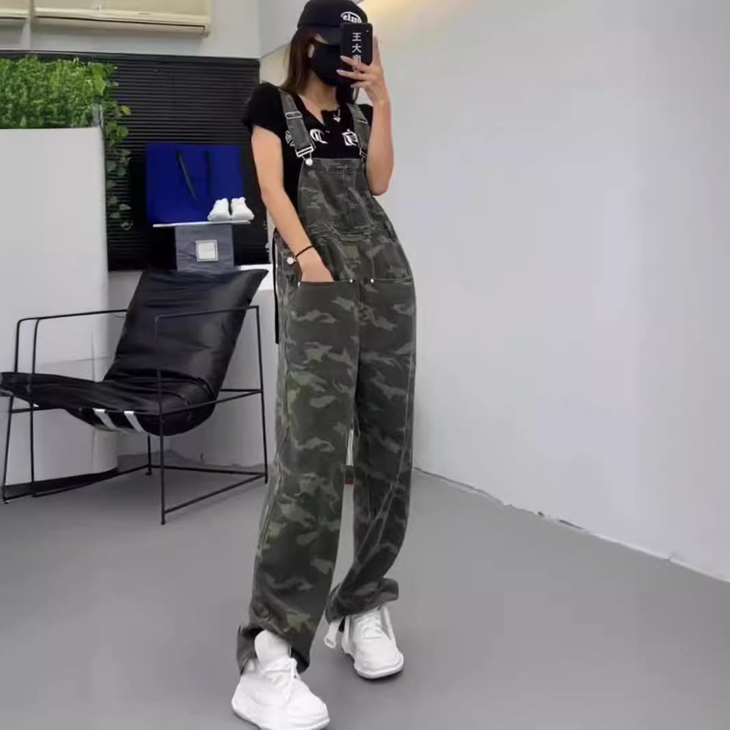Hot girl camouflage overalls jeans womens loose slim