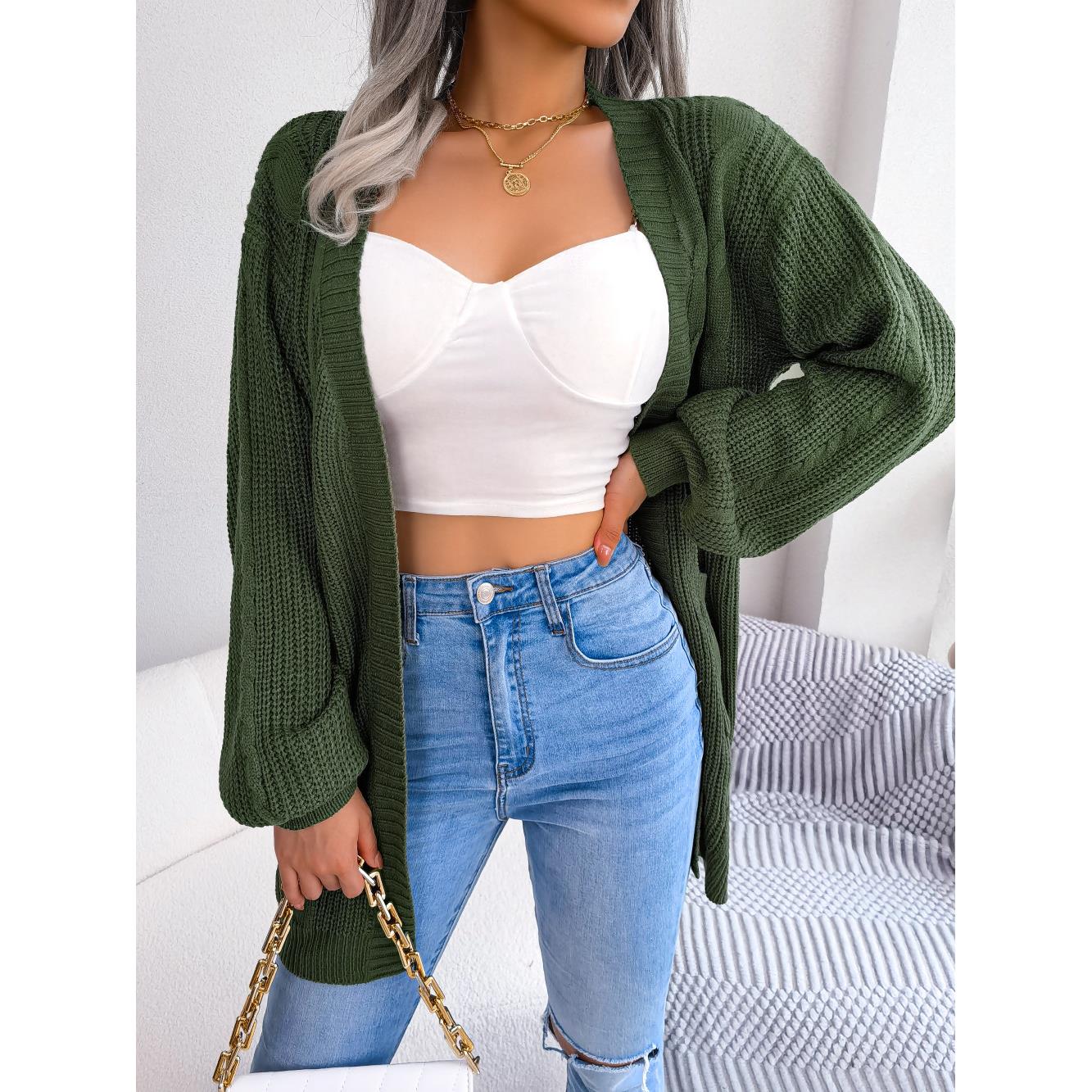 Womens Braided Lantern Sleeve Casual Pocket Cardigan