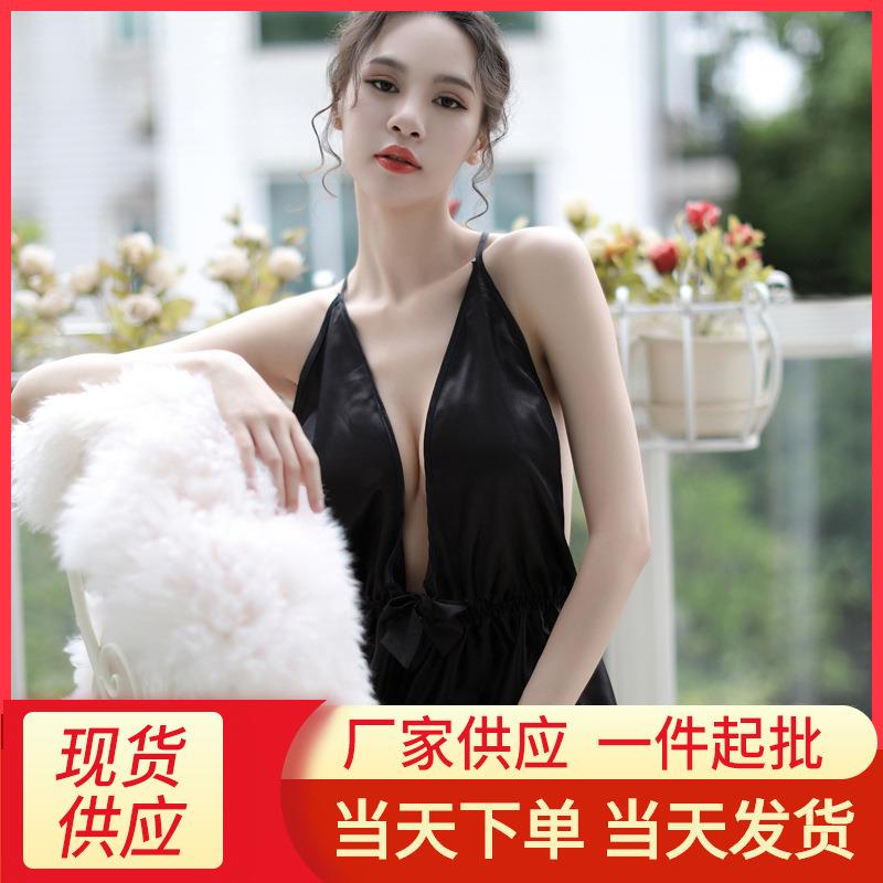 Sexy backless deep V-neck lace temptation one-piece pajamas