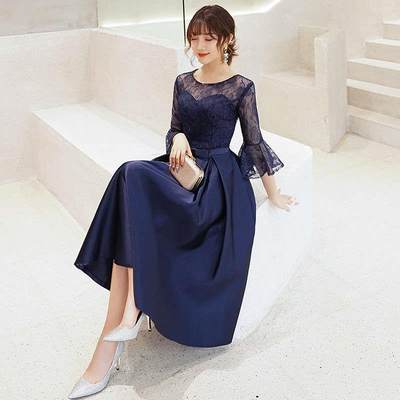 Evening dress mid-length elegant lady slimming navy blue