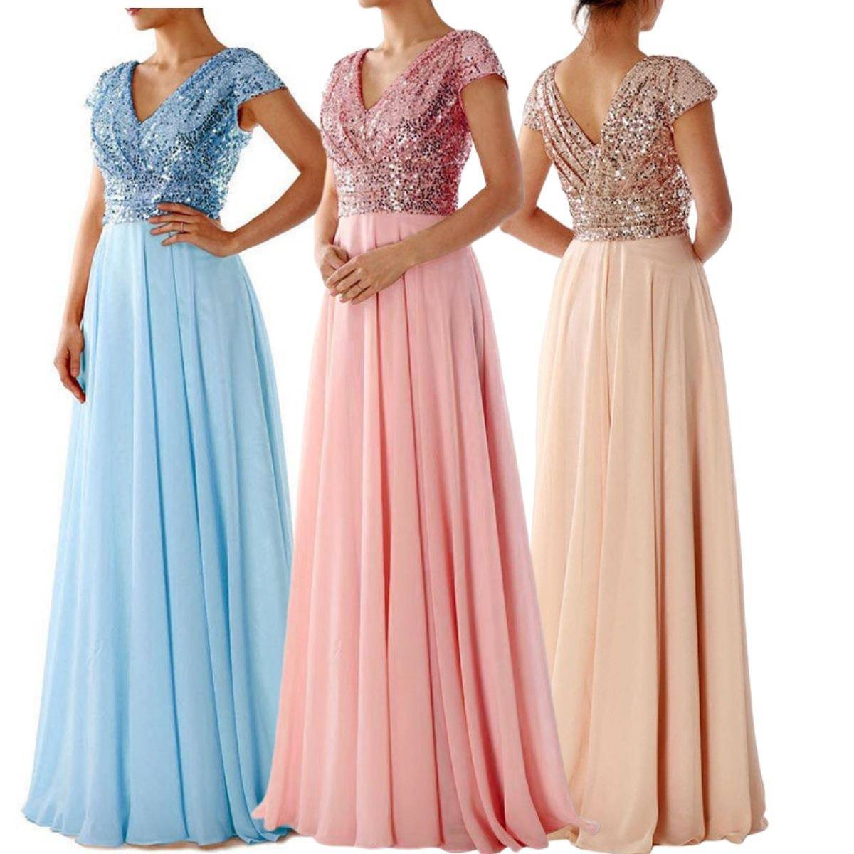 skirt long gown evening stitching chiffon sequined V-neck