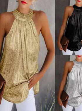 Womens Double Silver Halter Neck Zipper Sleeveless T-shirt