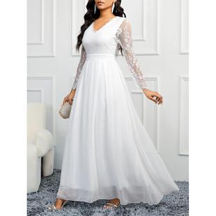 Dress Slim Fit White Wedding Lace V Neck Fashion Chiffon