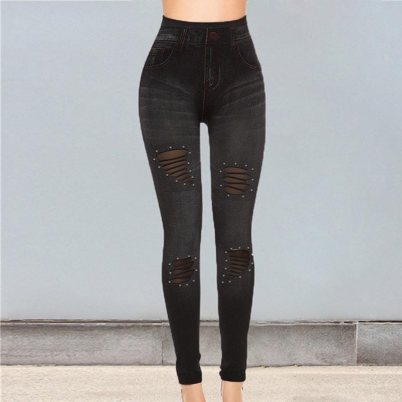 Love Heart Seamless Cotton Faux Denim Leggings Hollow Sexy