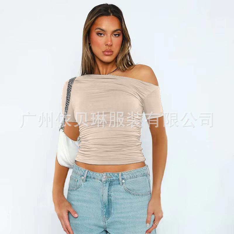 women for T-shirt top button belly gathered sleeves short