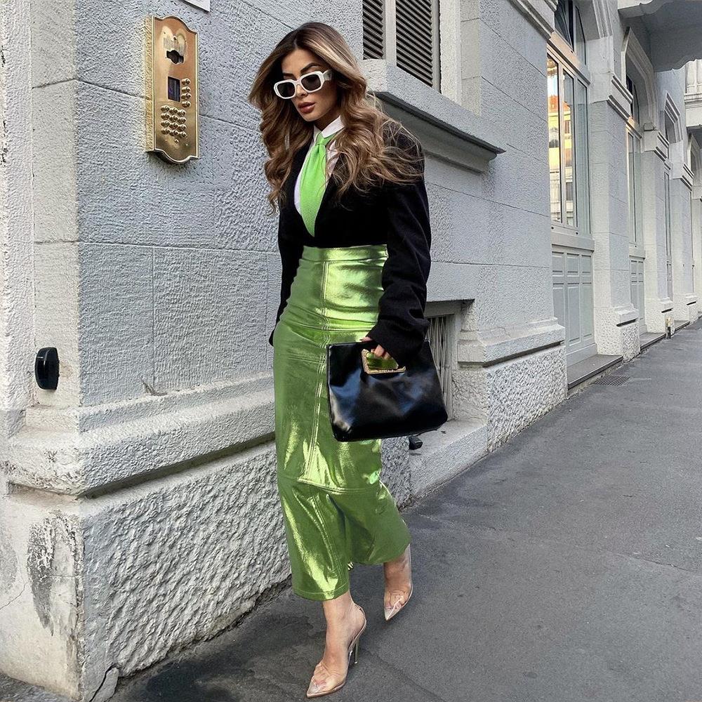 green metallic high waist bodycon long skirts for women