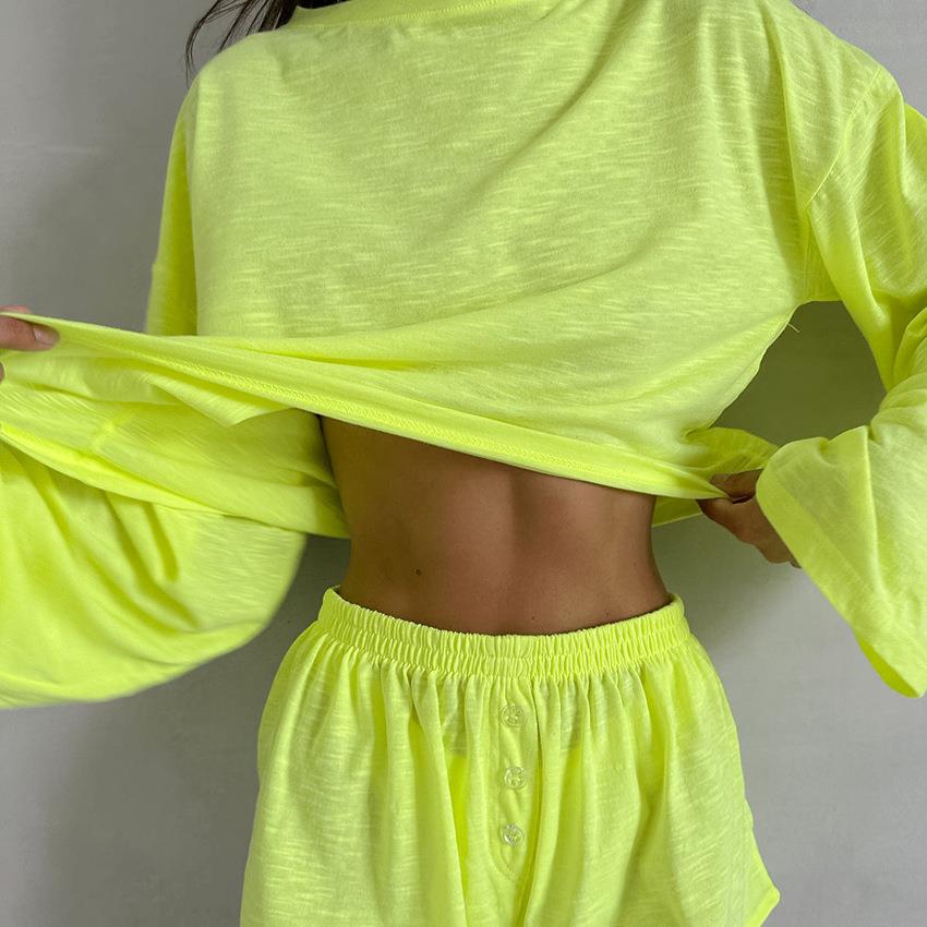 Solid color loose long-sleeved shorts pajamas two-piece