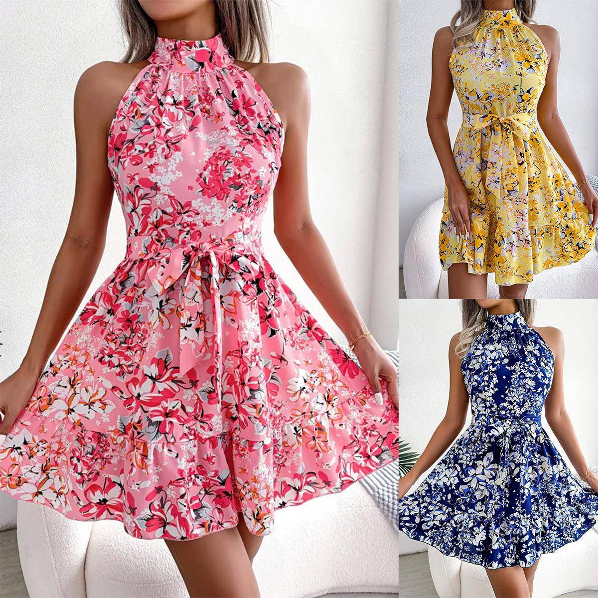 Women's Sleeveless Floral Halter Neck Dress with Waist