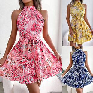 Women's Sleeveless Floral Halter Neck Dress with Waist