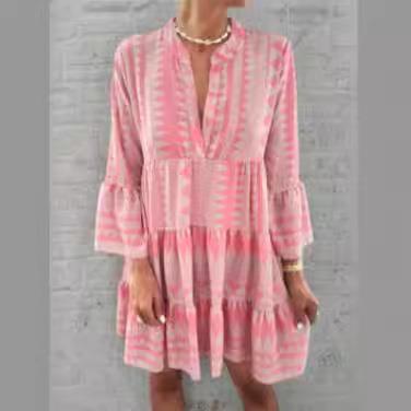 V-neck Summer Dress Fashion Pleated Skirt Loose Dress