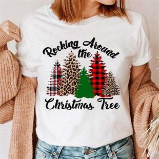 White Short Neck Printed Round Merry Shirt Christmas