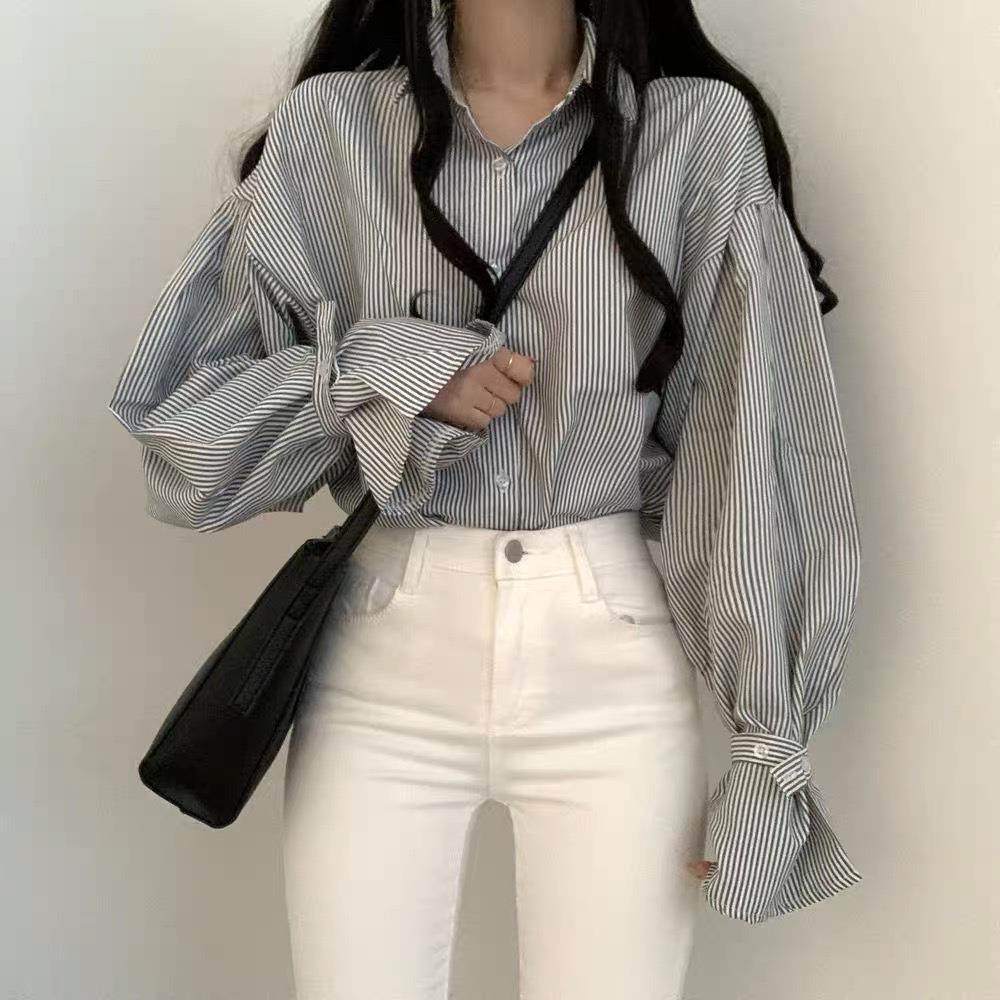 long top inner loose shirt simple sleeve womens Pinstripe