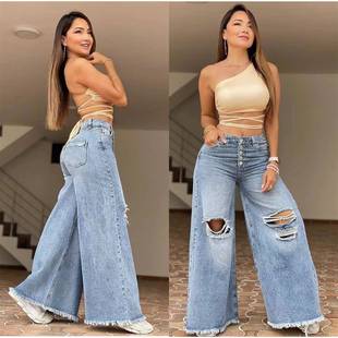 High waist loose ripped wide leg pants light washed jeans
