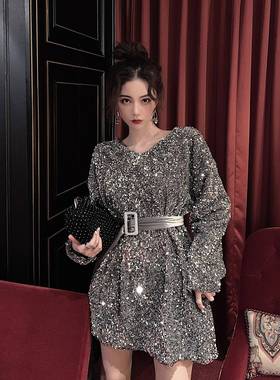 Sequined dress women's light mature style waist dress new