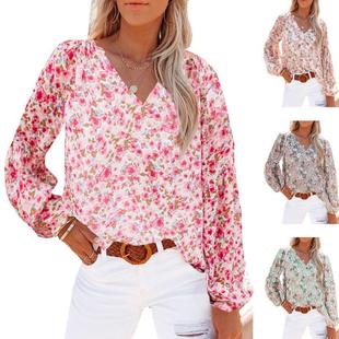 tops lantern Womens shirt chiffon sleeves neck floral
