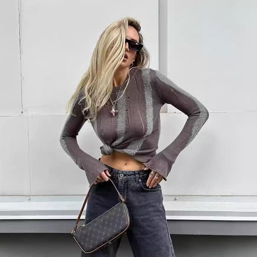sweater fashionable neck round striped plush color contrast