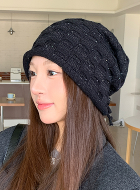 韩版亮片针织堆堆帽女秋冬显脸小