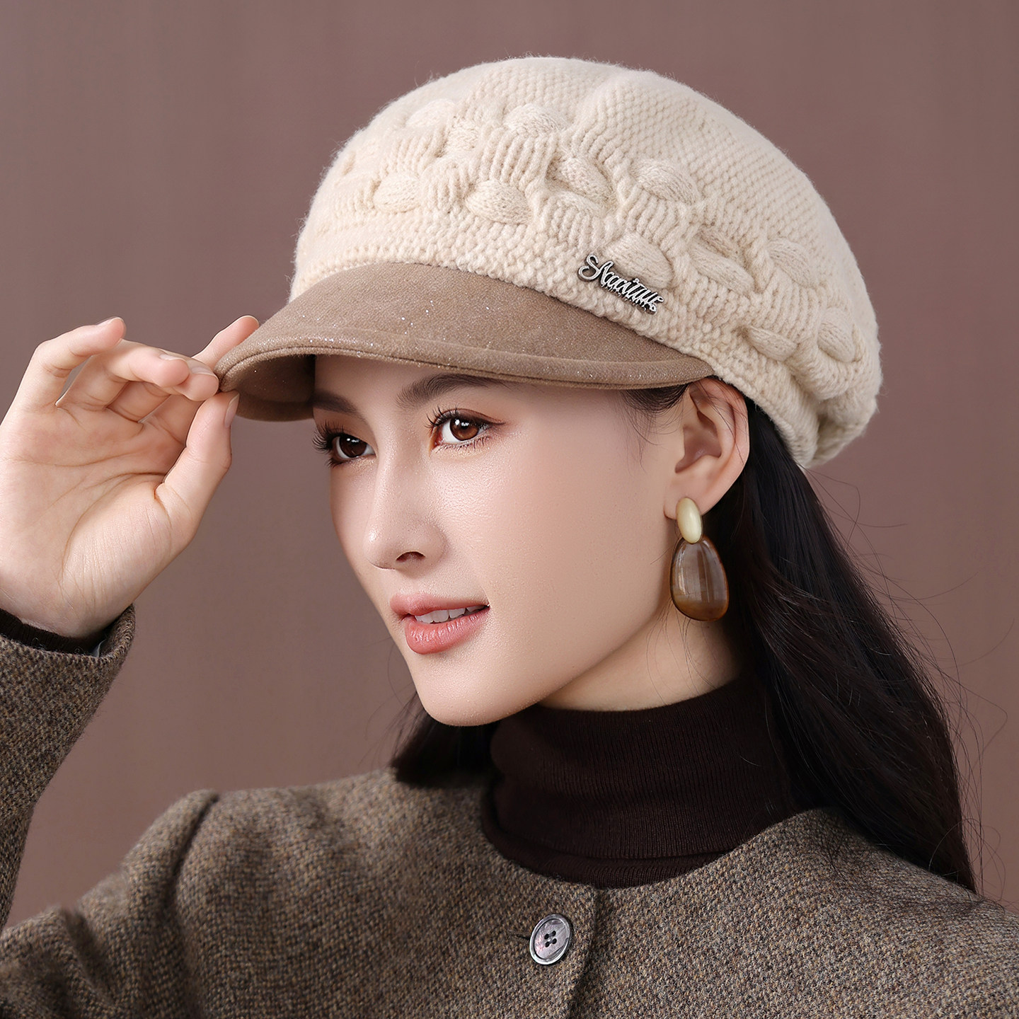 2026中老年复古麻花纹针织贝雷帽女秋冬宽檐百搭显脸小妈妈毛线帽