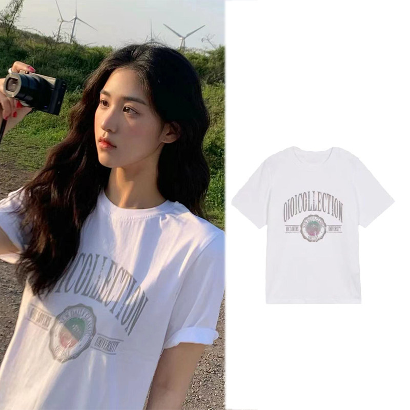 ins穿搭春夏季甜美干净上衣百搭男女宽松纯棉潮牌学院风短袖t恤衫