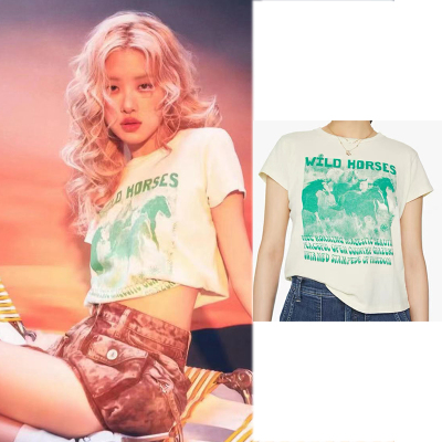 Rose朴彩英风格复古绿色图案印花夏季短款T恤小个子女上衣小众潮