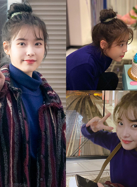 IU李知恩同款韩版仁川亚巡上衣宽松高领纯蓝色针织基础款打底毛衣