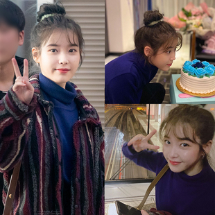 IU李知恩同款韩版仁川亚巡上衣宽松高领纯蓝色针织基础款打底毛衣