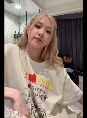 rose朴彩英同款杏黄色t恤女夏宽松字母印花休闲纯棉圆领情侣短袖