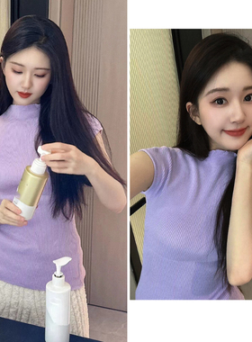 2023夏季韩版新坑条高弹力小领打底衫ins透气棉质短袖紫色t恤上衣