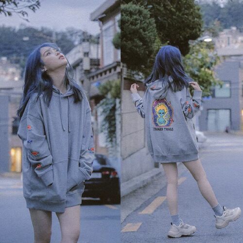 IU李知恩同款MVLovePoem韩版上衣宽松连帽长袖印花口袋灰卫衣外套