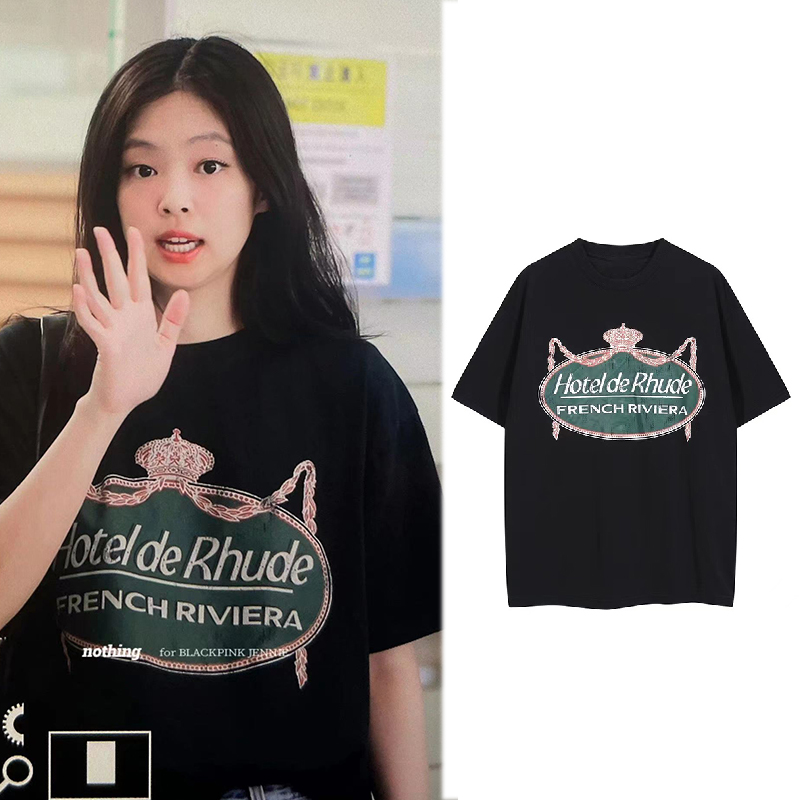 jennie金珍妮同款机场纯棉t恤夏季纯色皇冠字母印花男女同款百搭
