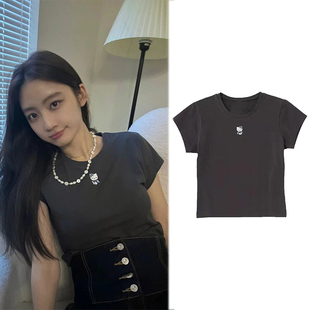 短袖 戚砚笛明星同款 弹力女上衣夏季 修身 潮 HelloKitty印花T恤短款