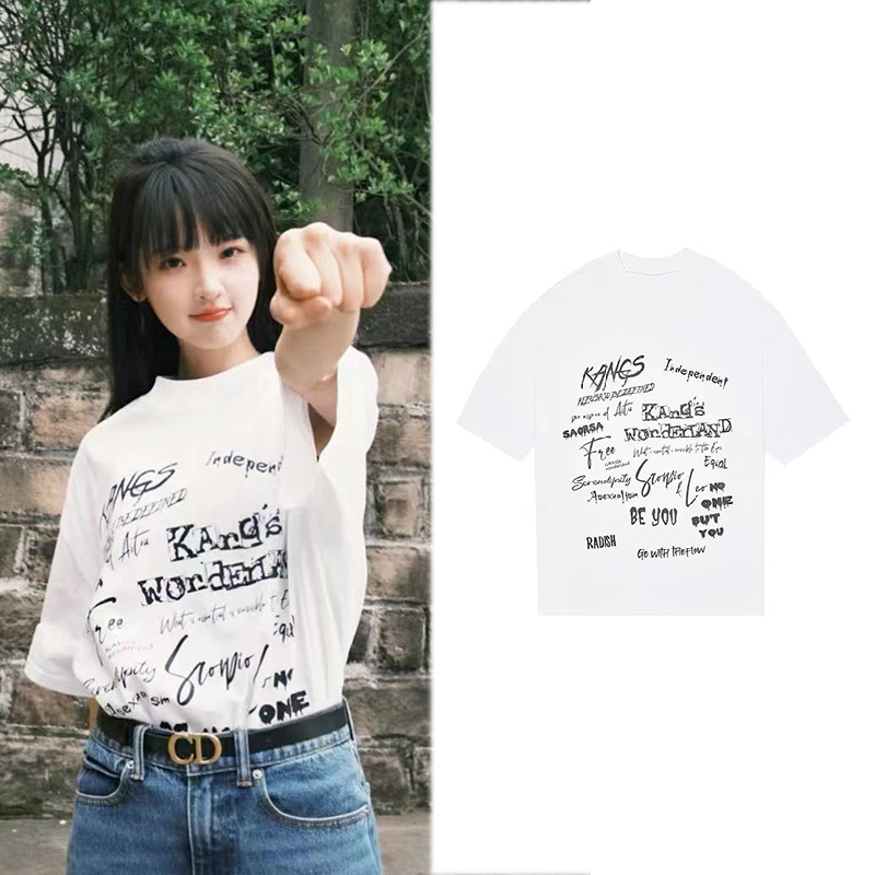 张淼怡同款夏季涂鸦英文字母男女同款纯棉帅气潮短袖情侣oversize