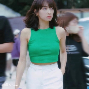无袖 纯欲辣妹短款 上衣 绿色针织吊带背心女夏季 桃花坞宋茜明星同款