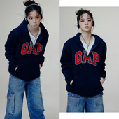 欧阳娜娜同款 字母印花连帽藏青色纯棉开衫 拉链秋冬韩系休闲外套