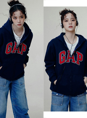 欧阳娜娜同款字母印花连帽藏青色纯棉开衫拉链秋冬韩系休闲外套