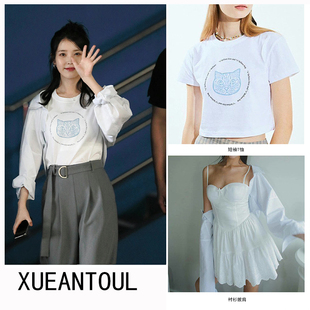 iu李知恩同款韩印花条纹长袖衬衫披肩圆领纯棉短袖短款套头T恤女