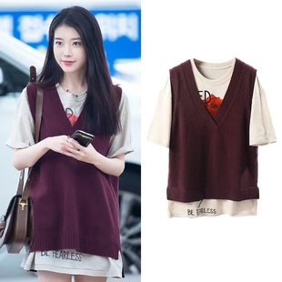 针织无袖 纯棉t恤夏季 背心 潮牌圆领宽松字母印花短袖 iu李知恩同款