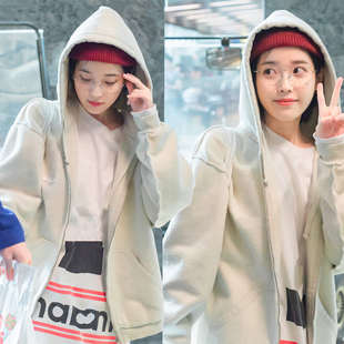 IU李知恩同款韩休闲上衣宽松拉链双面穿带绒连帽口袋卫衣ins外套