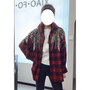 重工翅膀烫钻红黑格子衬衫女宽松款翻领长袖外套早秋设计感上衣
