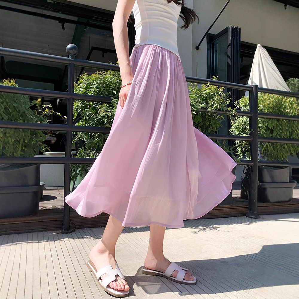 紫色半身裙女夏季2025新款高腰显瘦a字流光半身裙白月光网纱裙子
