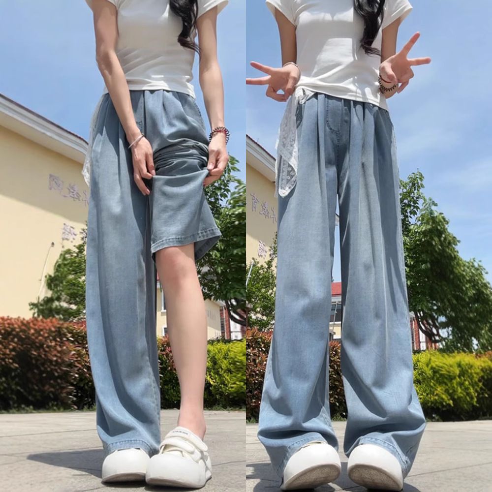 天丝牛仔裤女2025新款夏季薄款高腰直筒宽松小个子慵懒风阔腿裤子