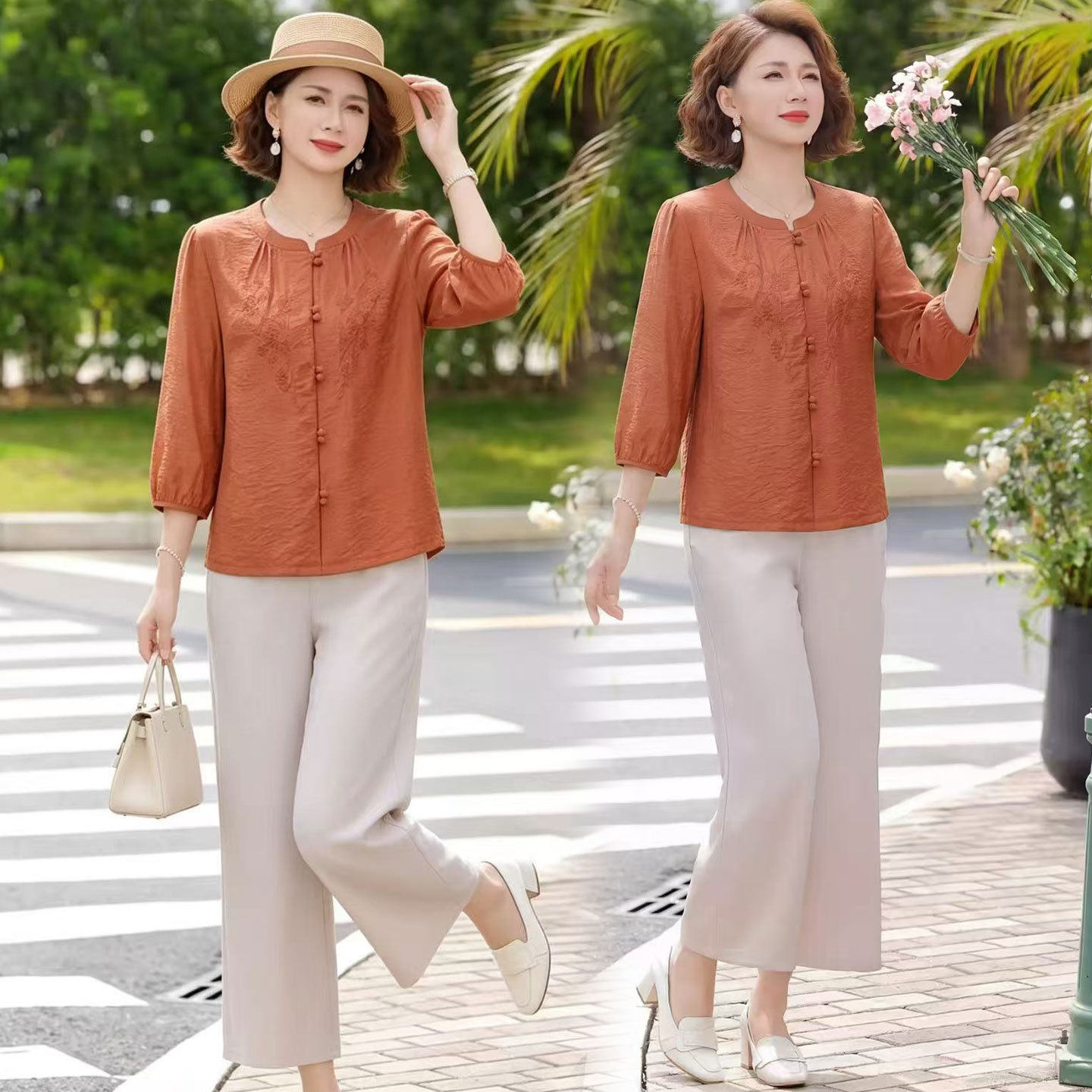 阔太太洋气两件套裤中青年女装2026夏季新款时尚短袖衫阔腿裤套装