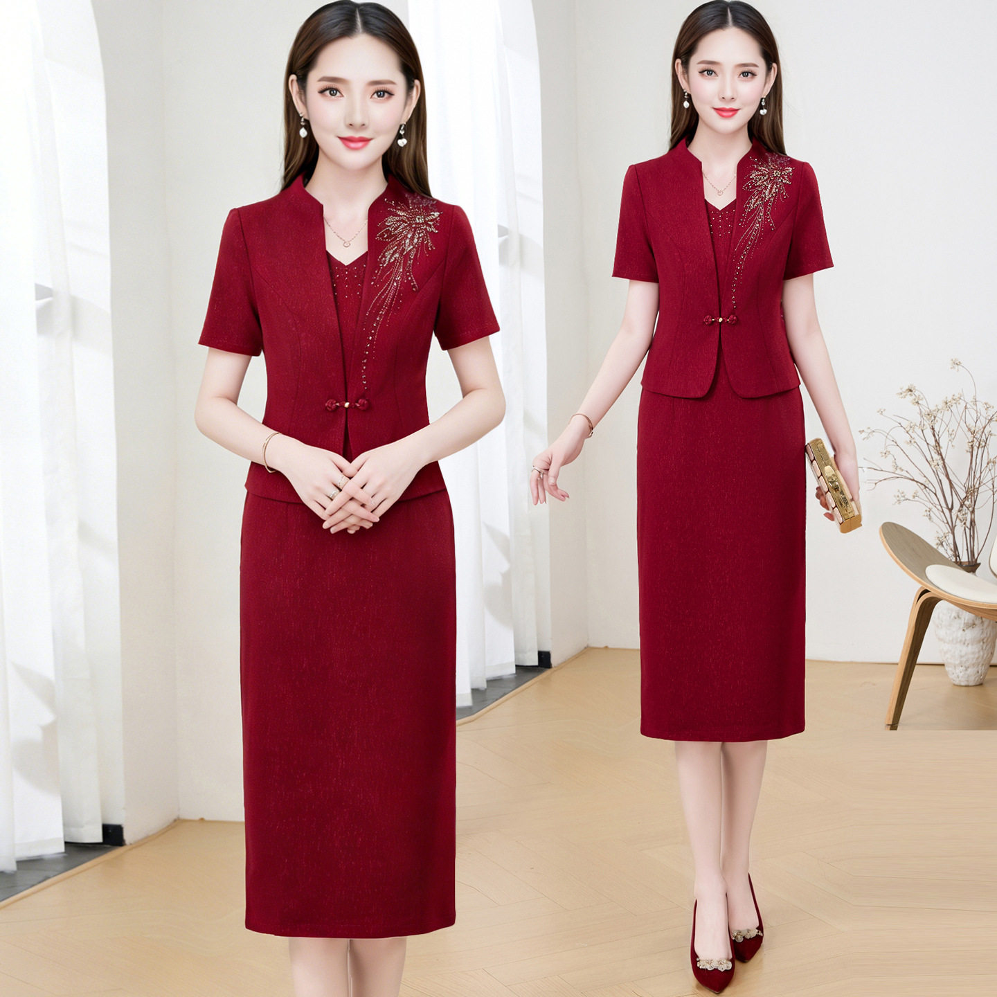 春夏季假两件喜婆婆短袖连衣裙女2026年新款气质通勤修身婚宴裙子