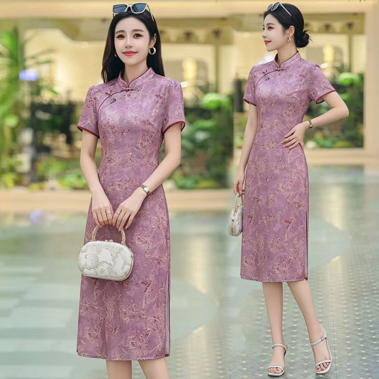 2025夏季新款复古优雅短袖连衣裙中青年女装中式旗袍裙过膝长裙子