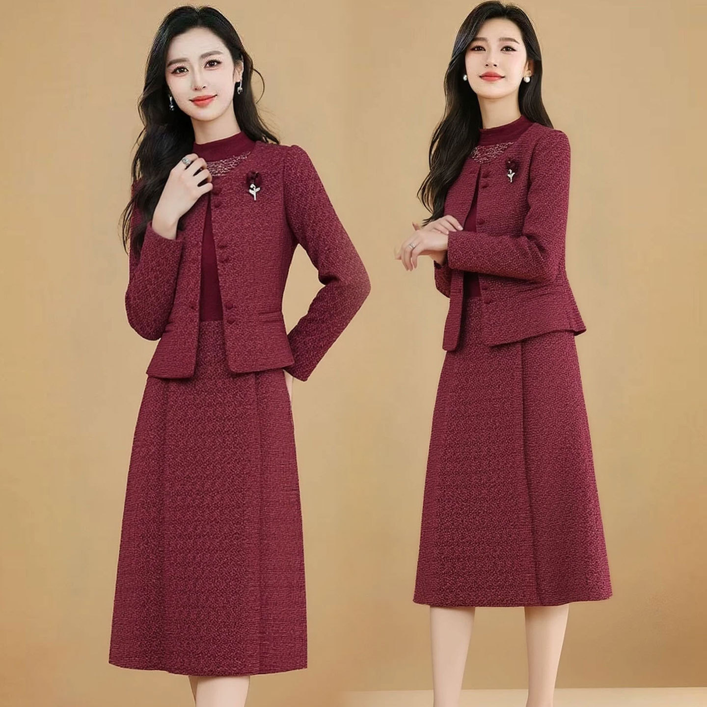 两件套裙女2026新款时尚气质外套长袖连衣裙套装喜婆婆妈妈礼服裙