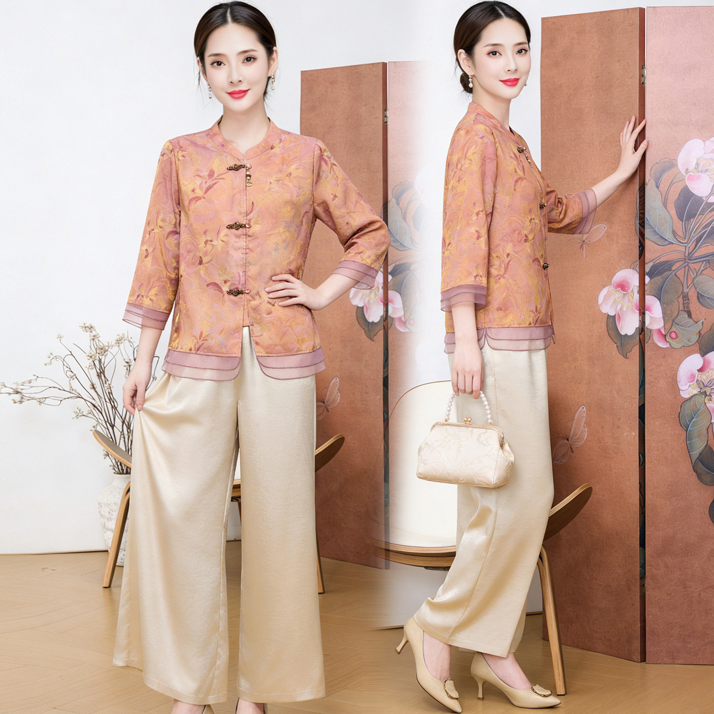 中年妈妈春秋装中国风显瘦两件套装裤2026新中式长袖衫阔腿裤套装